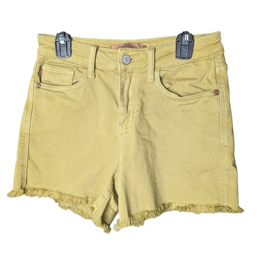 Judy Blue Women's Green/Yellow Frayed Hem Shorts Zipper Pockets Like New - Picture 7 of 10